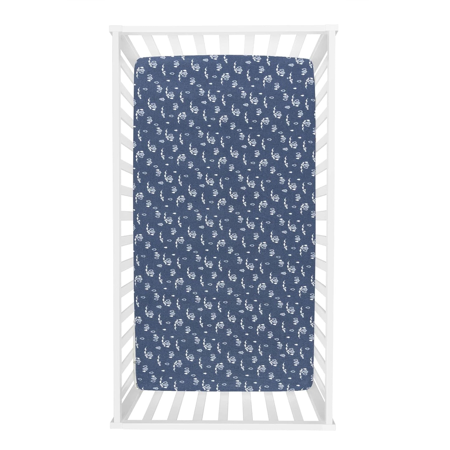 Mountains Fitted Crib Sheet- 100% Cotton; Navy, White; Fully Elasticized; 10-Inch Pockets; Fits Standard Crib Mattress;