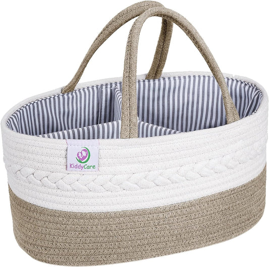 KiddyCare Diaper Tote Caddy Baskets with Dividers for Baby Boy/Girl | Diaper Caddy with Shoulder Strap, Diaper Changing Caddy Cat for Car Organizer | Storage Basket for Baby Nursery | Natural Large
