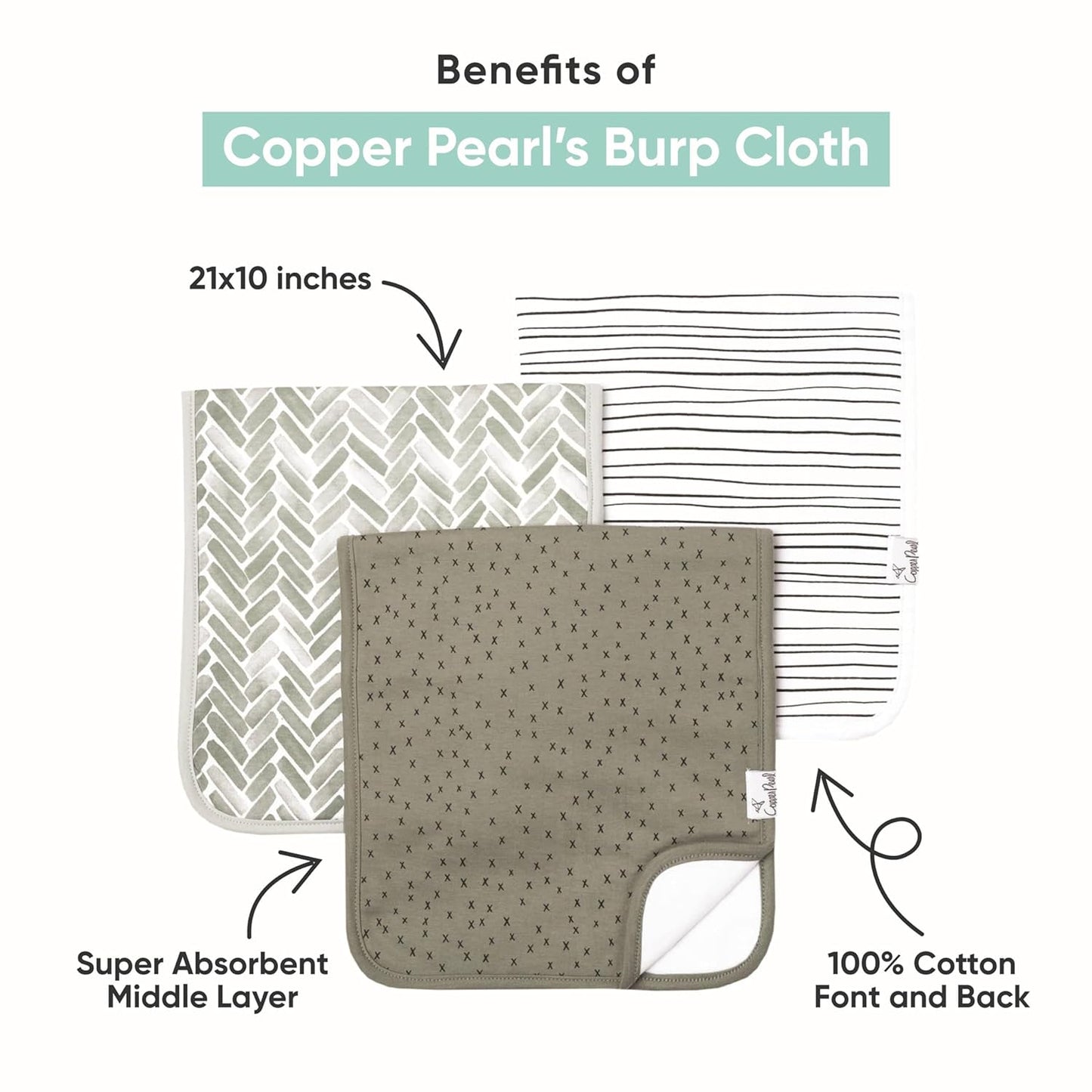 Copper Pearl Baby Burp Cloth Large 21''x10'' Size Premium Absorbent Triple Layer 3-Pack Gift Set “Chip Set