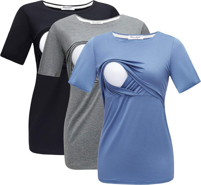 Bearsland Women's 3 Packs Maternity Nursing Tops Short Sleeve Breastfeeding Shirts