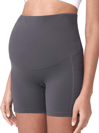 POSHDIVAH Women's Maternity Yoga Shorts Over The Belly Bump Summer Workout Running Active Short Pants with Pockets 5"/8"