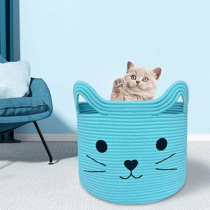 VK VK·LIVING Animal Baskets Large Woven Cotton Rope Storage Basket with Cute Cat Design Animal Laundry Basket Organizer for Towels, Blanket, Toys, Clothes, Gifts – Pet or Baby Gift Baskets 15"Lx14H"