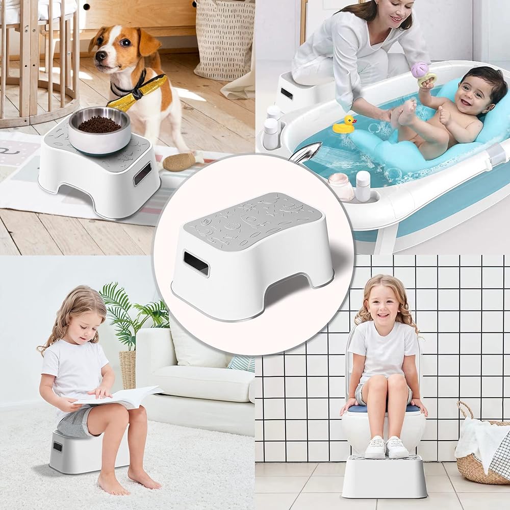 UNCLE WU Kids Step Stool - Lightweight and Easy to Clean - Bathroom Safety Bottom as Potty Training Stool - Slip-Resistant Surface1 Step Stool for Kids/Adult (Gray White)