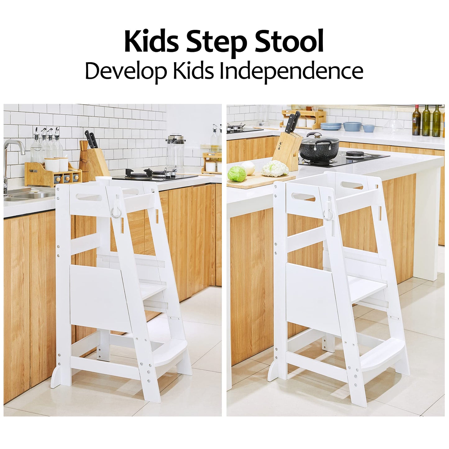 TOETOL Bamboo Toddler Step Stool Grey Learning Standing Helper Tower for Toddlers Kitchen Stools Counter 3 Height Adjustable Helper with Non-Slip Mat