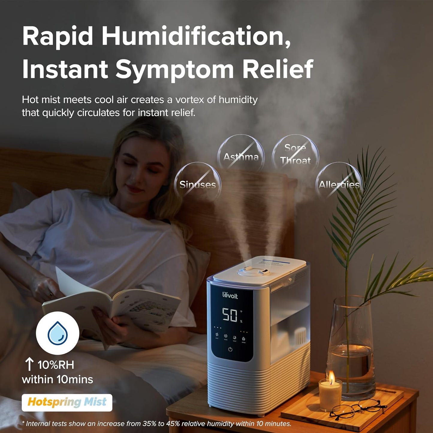 LEVOIT Humidifiers for Bedroom Home, Smart Warm and Cool Mist Air Humidifier for Large Room, Auto Customized Humidity, Fast Symptom Relief, Easy Top Fill, Essential Oil, Quiet, OasisMist4.5L, White
