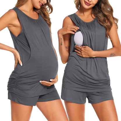Ekouaer Women Maternity Nursing Pajama Set Breastfeeding Double Layer Pregnancy Pjs Set Sleeveless Top & Shorts with Pockets