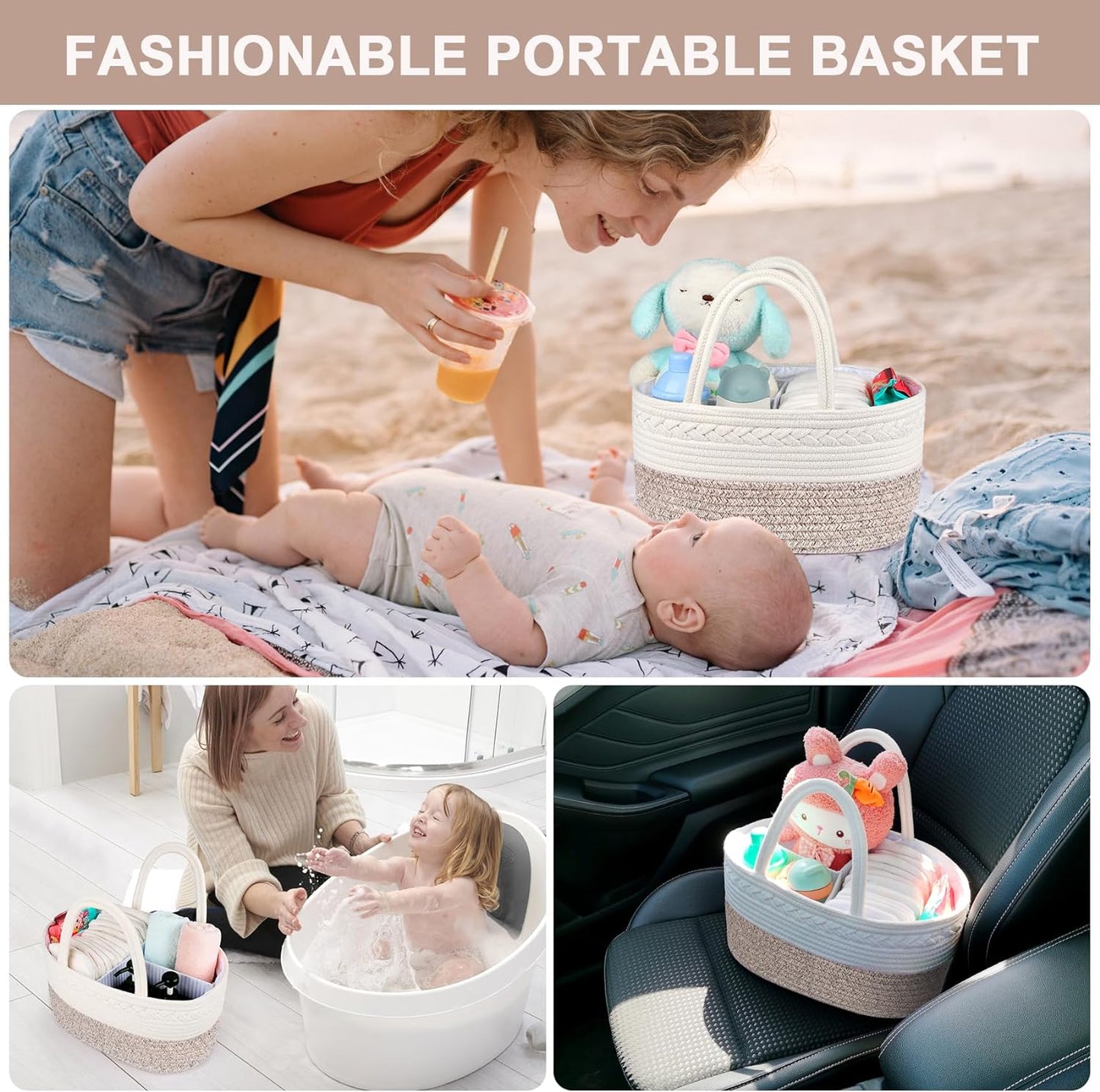 ABenkle Baby Diaper Caddy, Nursery Storage Bin and Car Organizer for Diapers Wipes, Cotton Rope Basket Changing Table Caddy