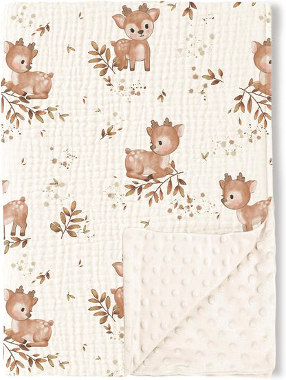 Konssy Baby Blankets for Unisex Boys Girls, Super Soft Nursery Minky Blankets with Muslin Cotton Front and Dotted Fleece Backing, Printed Bed Throws Newborn