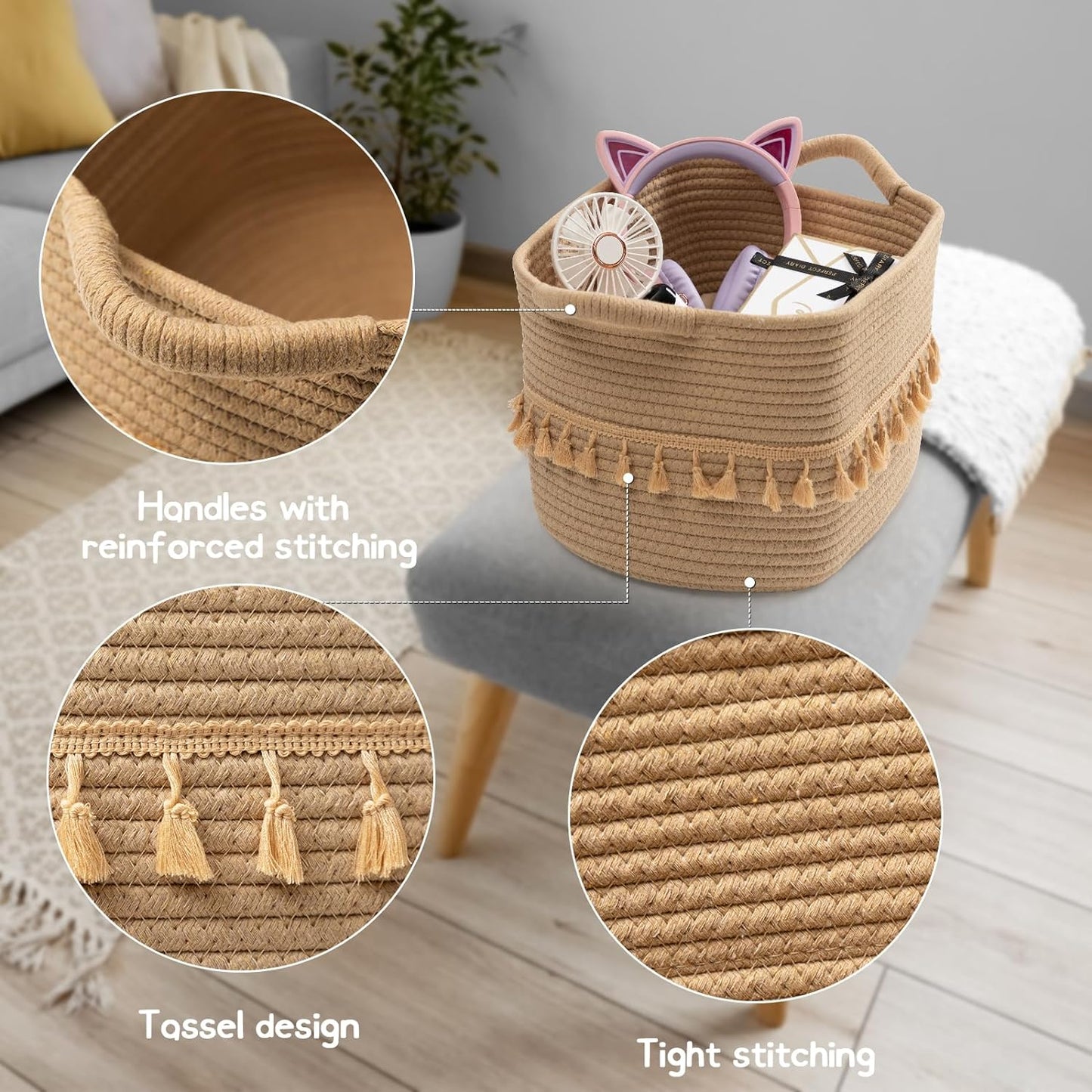 TeoKJ Storage Basket 3 Pack for Organizing, Rope Cotton Baskets for Toy, Clothes, Blankets, Decorative Basket for Living Room, Nursery, Bathroom, Jute