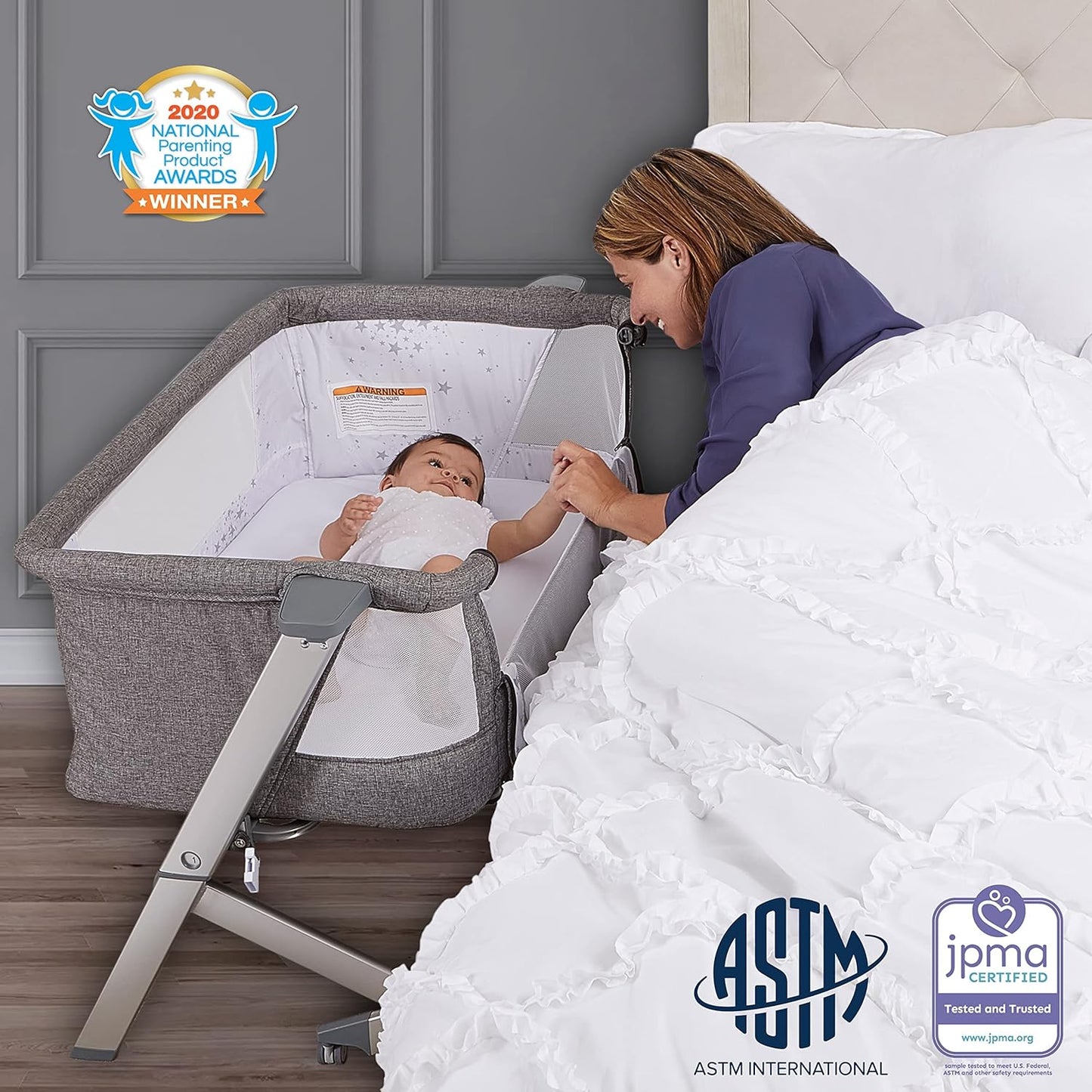 Dream On Me Skylar Bassinet and Bedside Sleeper in Grey, Lightweight and Portable Baby Bassinet, Five Position Adjustable Height, Easy to Fold and Carry Travel Bassinet, JPMA Certified