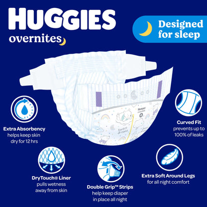 Huggies Overnites Size 3 Overnight Diapers (16-28 lbs), 132 Ct (2 Packs of 66), Packaging May Vary