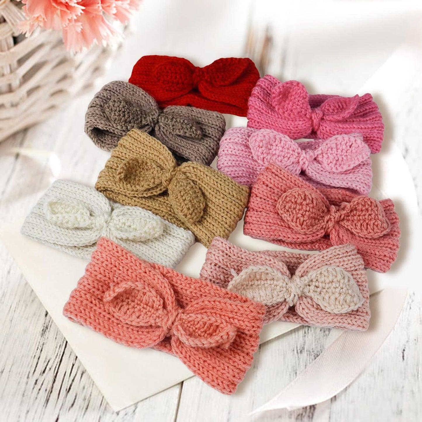 Fmeida 3 Pack Baby Girl Headband, Warm Rabbit Knot Hair Band, Knit Head Wrap Elastics Hairbands, Hair Accessories for Newborn Infant Toddlers Kids Children | White+Camel+Coffee