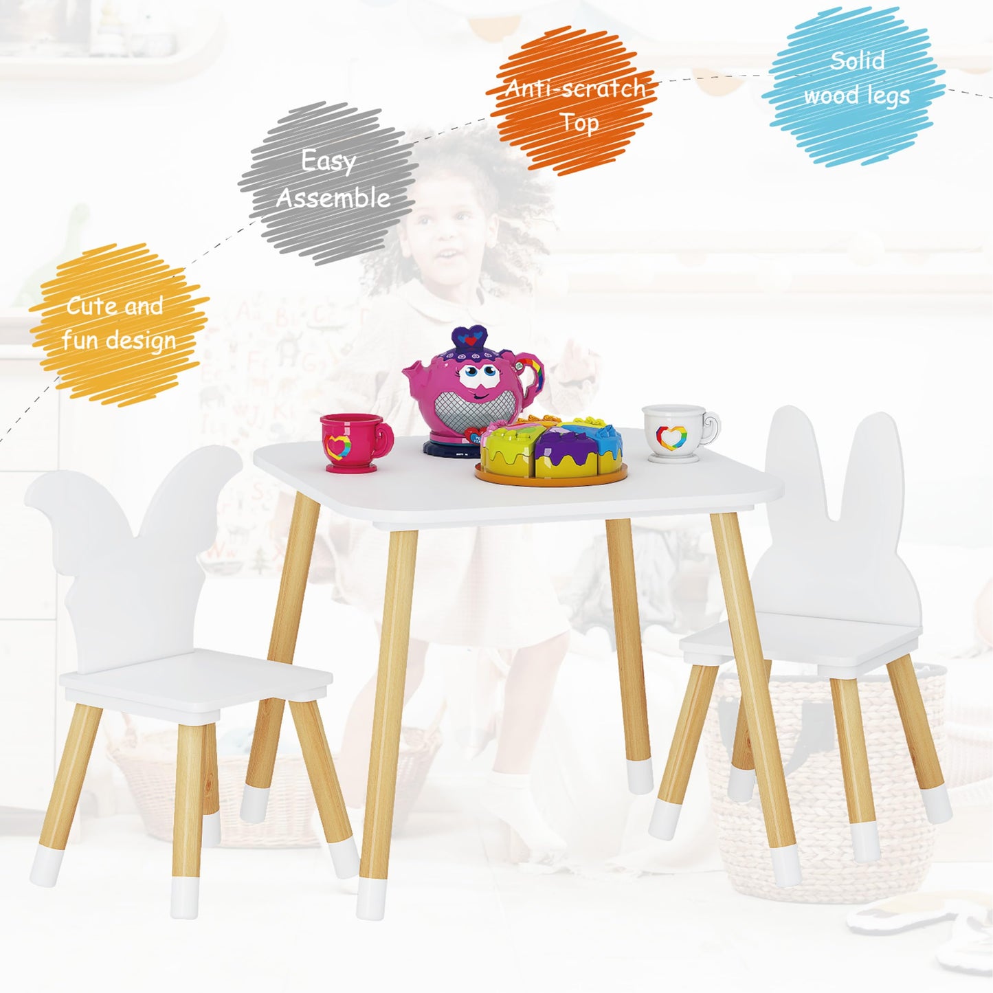 UTEX Kids Table with 2 Chairs Set for Toddlers, Boys, Girls, 3 Piece Kiddy Table and Chairs Set, White