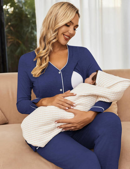 Ekouaer Maternity Pajama Set Button Down Nursing Sleepwear Long Sleeve Breastfeeding Loungewear with Adjustable Pants