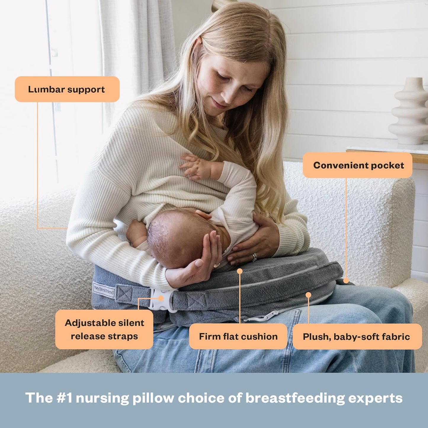 My Brest Friend Deluxe Nursing Pillow for Breastfeeding & Bottle Feeding, Enhanced Posture Support, Double Straps & Removable Extra Soft Slipcover, Evening Grey