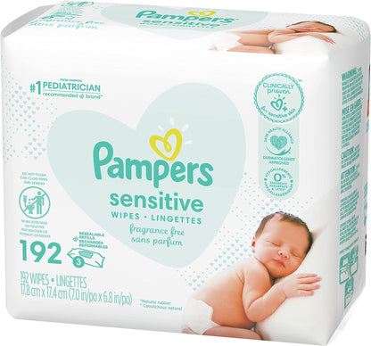 Pampers Sensitive Baby Wipes - Baby Wipes Combo, 84 Count (Pack of 12), Water Based, Hypoallergenic and Unscented (Packaging May Vary)