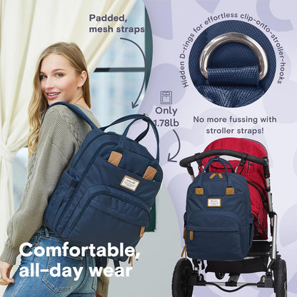 RUVALINO Diaper Bag Backpack, Multifunction Travel Back Pack Maternity Baby Changing Bags, Diaper Changing Totes, Waterproof and Stylish, Navy Blue