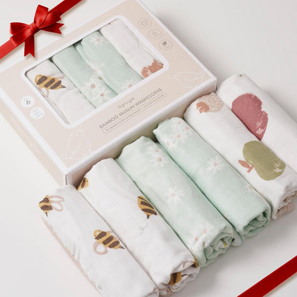 Nightingale Muslin Bamboo Viscose Baby Washcloths - Soft Organic Baby Wash Cloths Perfect for Newborn Sensitive Skin - Absorbent Baby Wipes, Burp Cloths or Face Towels - 6 Pack (Feathers)