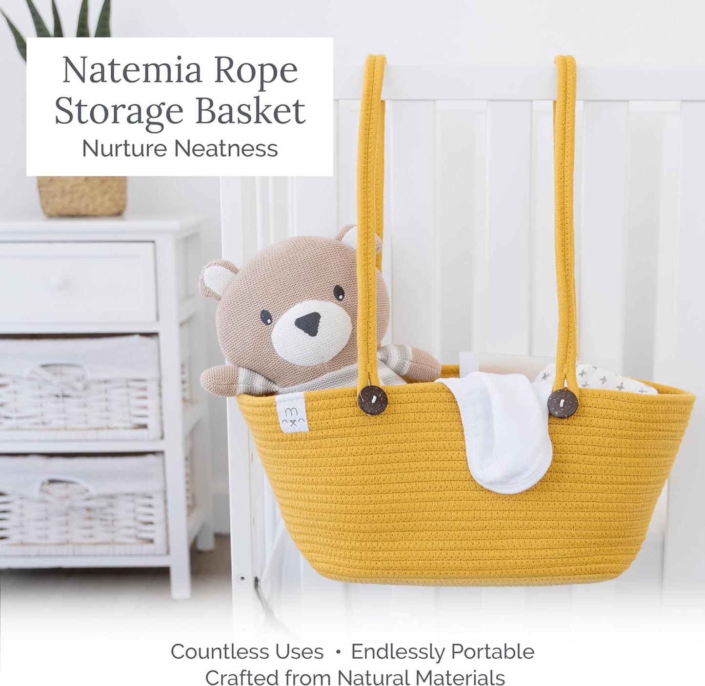 Natemia Rope Storage Basket- Nursery Bin and Toy Organizer (15”x15”x14”), Laundry Basket, Basket for Towels, Pillows and Blankets, Perfect Baby Registry Gift