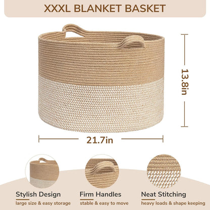 INDRESSME XXXLarge Cotton Rope Basket 21.7" x 21.7" x 13.8" Woven Baby Laundry Blanket Basket Toy Basket with Handle Storage Comforter Cushions Thread Laundry Hamper White & Brown