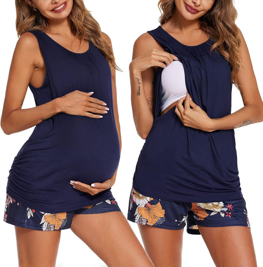 Ekouaer Women Maternity Nursing Pajama Set Breastfeeding Double Layer Pregnancy Pjs Set Sleeveless Top & Shorts with Pockets