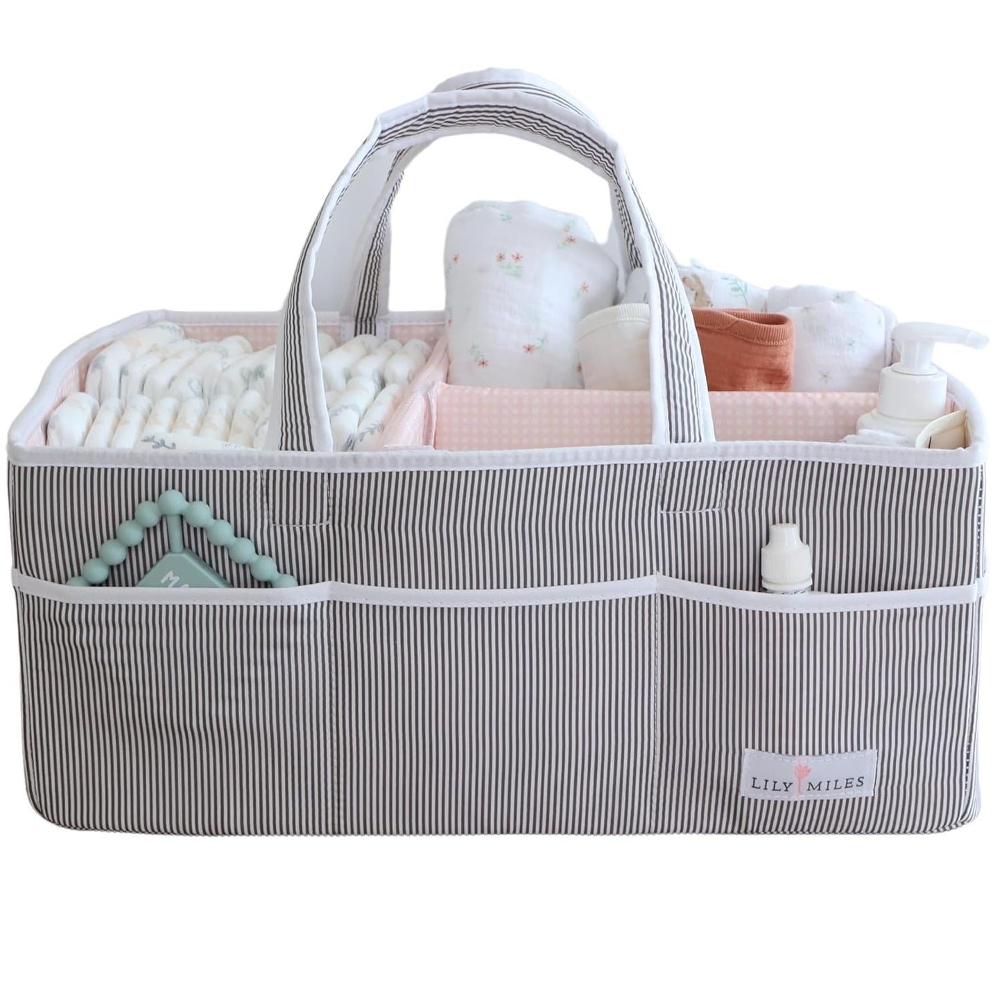 Lily Miles Baby Diaper Caddy Organizer - Baby Shower Basket for Newborn Boys or Girls - Nursery Must Haves for New Mom - Baby Registry Favorites - Large Storage Tote for Changing Table or Car, Gray