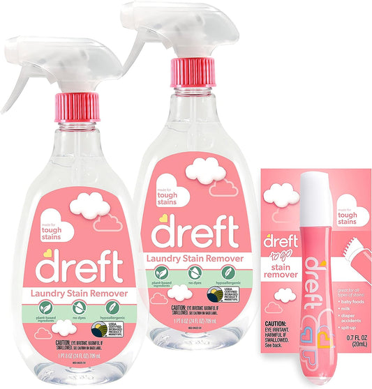 Stain Remover for Baby Clothes by Dreft, 24oz Pack of 2 Laundry Stain Remover Spray + To Go Instant Stain Remover Pen, Hypoallergenic, Great for Cloth Diapers