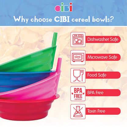 Cibi Kitchens Set of 4 Cereal Bowls with Straws | BPA-Free 22 Ounce Sip-a-Bowl | Microwaveable and Dishwasher Safe Toddler Bowl Set for a Tidy Fuss-Free Breakfast Time | Sip a Bowl Cereal Bowls