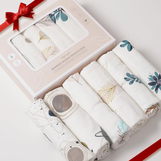 Nightingale Muslin Bamboo Viscose Baby Washcloths - Soft Organic Baby Wash Cloths Perfect for Newborn Sensitive Skin - Absorbent Baby Wipes, Burp Cloths or Face Towels - 6 Pack (Feathers)