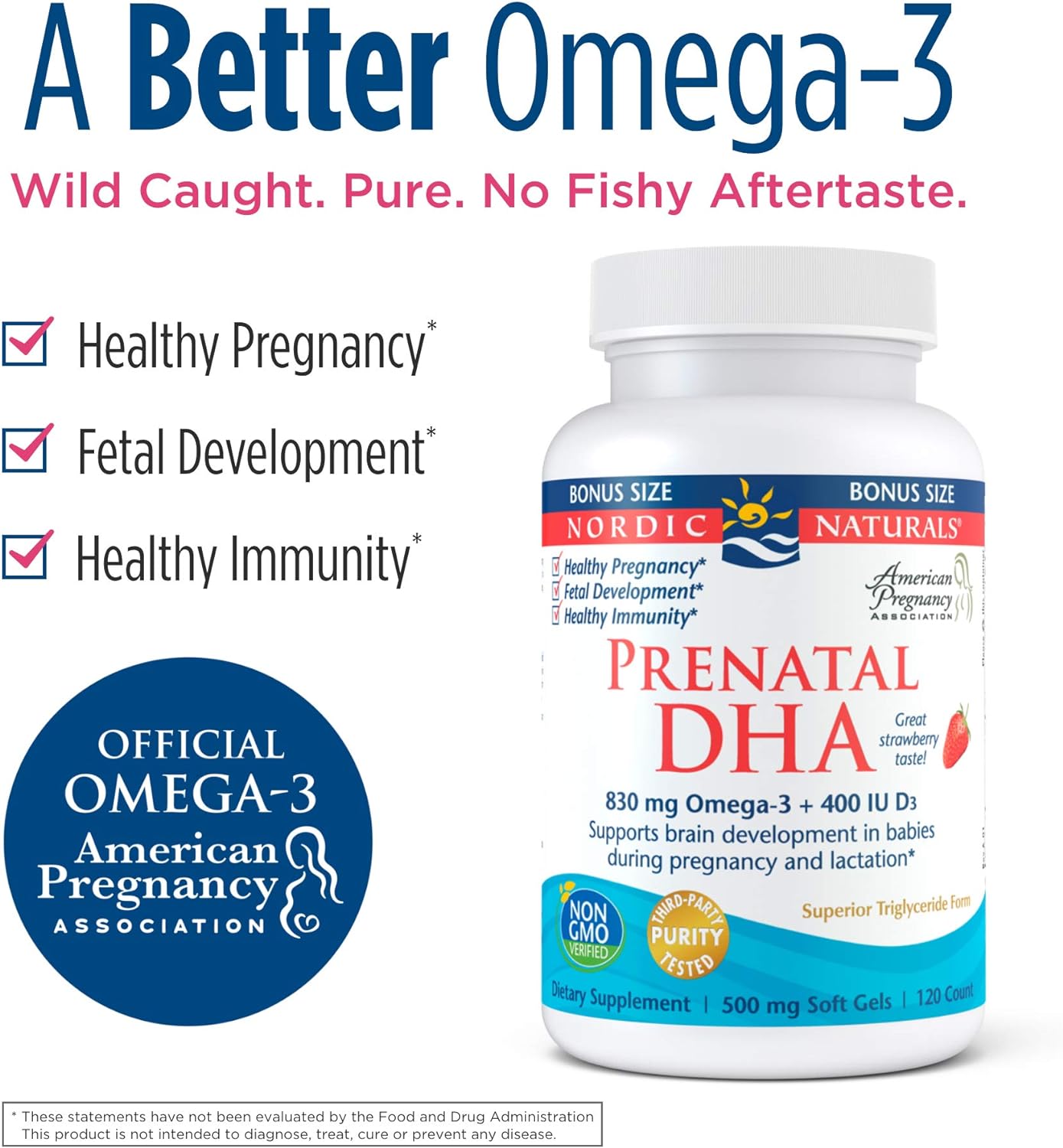 Nordic Naturals Prenatal DHA, Strawberry - 120 Soft Gels - 830 mg Omega-3 + 400 IU Vitamin D3 - Supports Brain Development in Babies During Pregnancy & Lactation - Non-GMO - 60 Servings