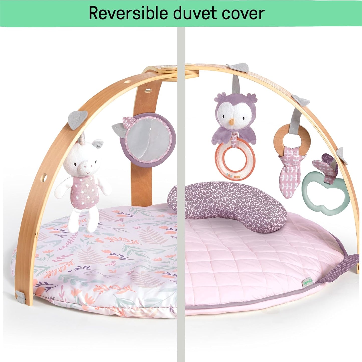 Ingenuity Cozy Spot Reversible Duvet Activity Gym & Play Mat with Wooden Toy bar - Loamy, Newborn and up
