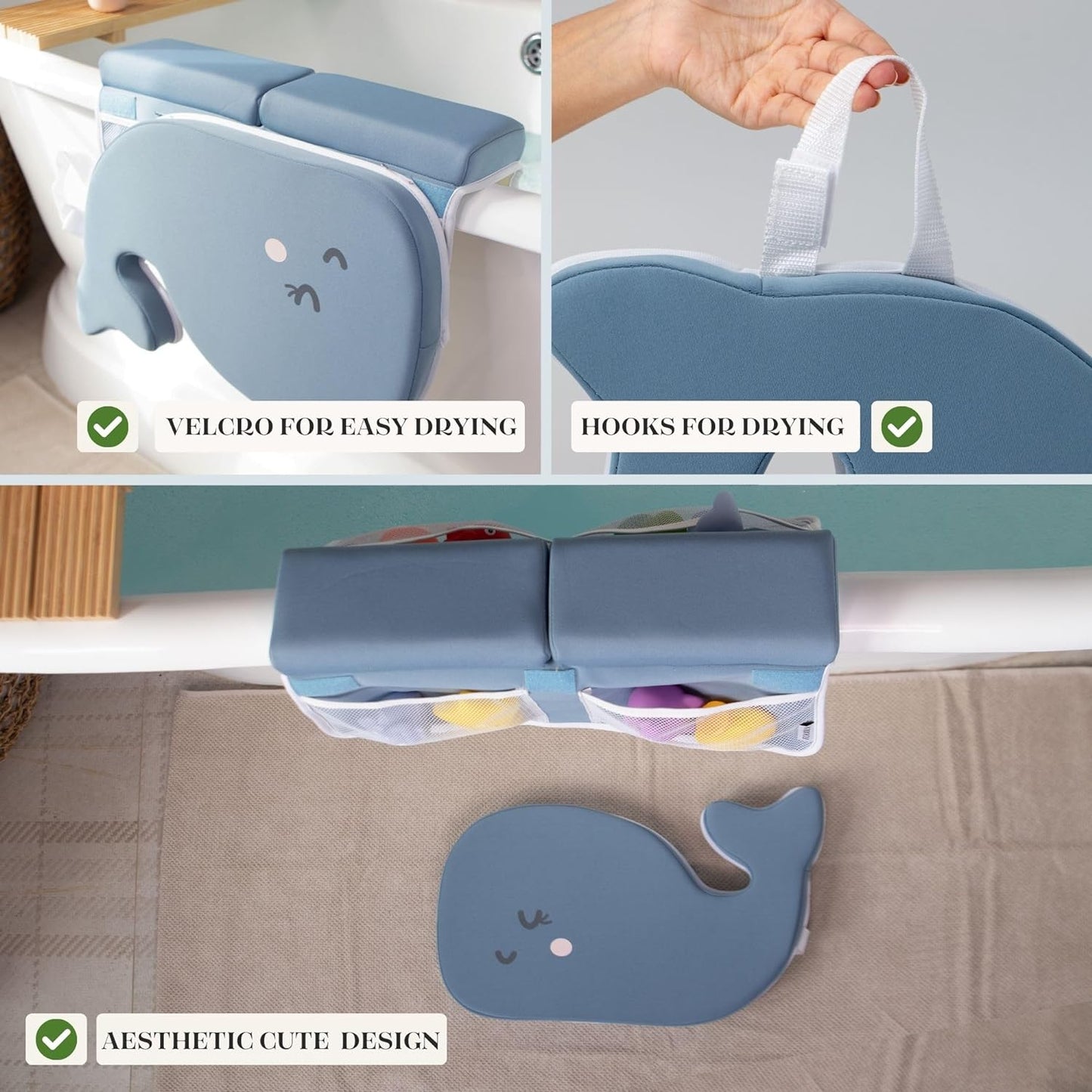 Comfortable Baby Bath Kneeler and Elbow Rest Pad Set - Thickest Bathtub Kneeler Pad with Memory Foam and Bath Toys Organizer - Bath Kneeling Pad- Relieve your Knees and Elbows (Grey)