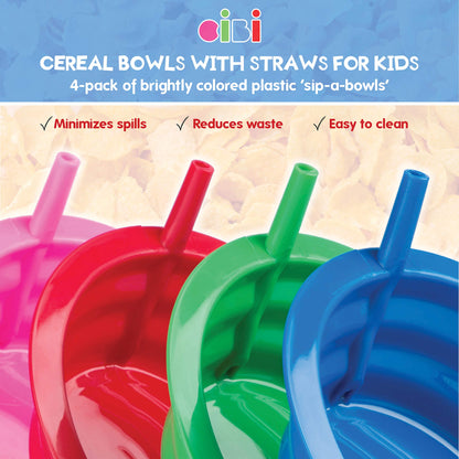 Cibi Kitchens Set of 4 Cereal Bowls with Straws | BPA-Free 22 Ounce Sip-a-Bowl | Microwaveable and Dishwasher Safe Toddler Bowl Set for a Tidy Fuss-Free Breakfast Time | Sip a Bowl Cereal Bowls