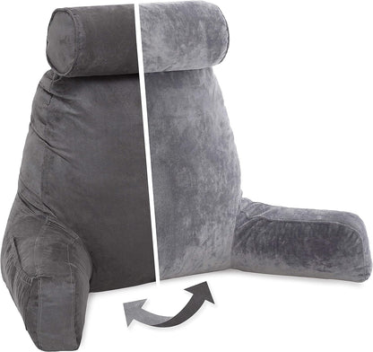 Husband Pillow XXL Dark Grey Backrest with Arms - Adult Reading Pillow Shredded Memory Foam, Ultra-Comfy Removable Microplush Cover & Detachable Neck Roll, Unmatched Support Bed Rest Sit Up Pillow