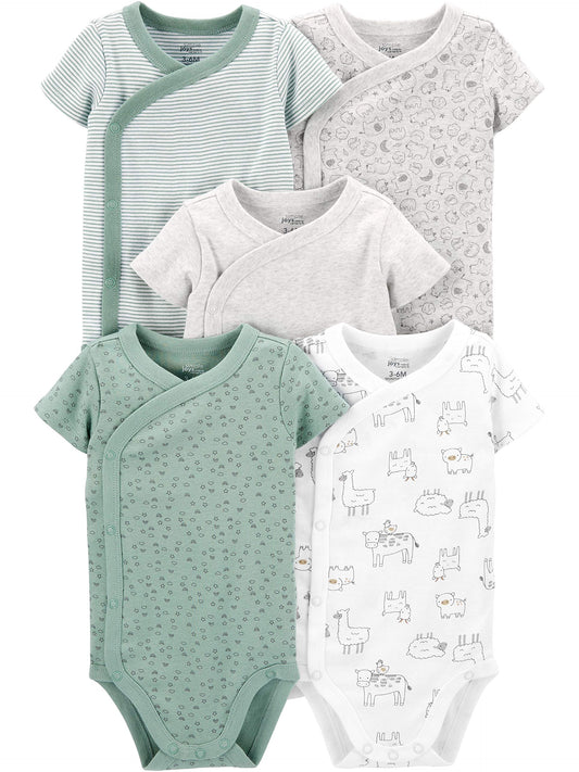 Simple Joys by Carter's Baby 5-Pack Short-Sleeve Bodysuit, Green/Grey Forest Animals/Light Grey Heather/Mint Green Stripe/White Llama, 0-3 Months