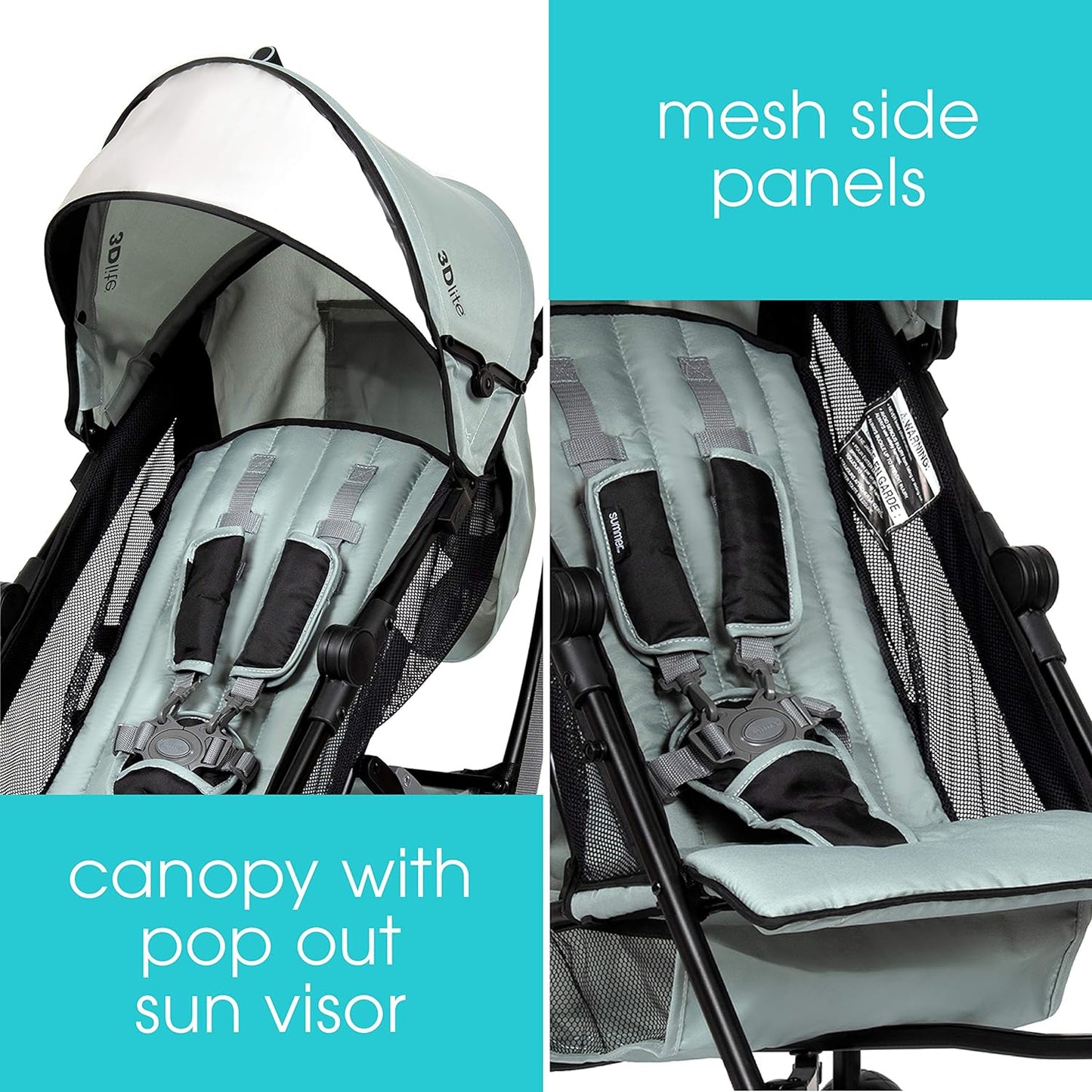 Summer Infant 3Dlite Convenience Stroller, Black – Lightweight, with Aluminum Frame, Large Seat Area, Mesh Siding, 4 Position Recline, Extra Large Storage Basket – for Travel