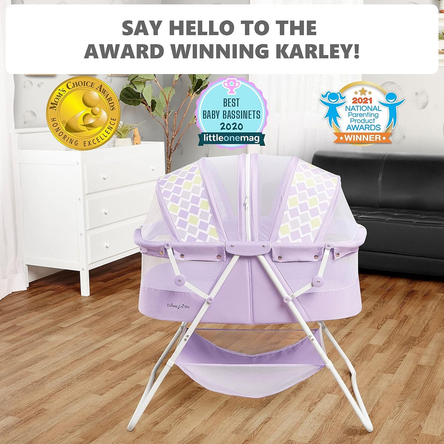 Dream On Me Karley Bassinet in Black, Lightweight Portable Baby Bassinet, Quick Fold and Easy to Carry , Adjustable Double Canopy, Indoor and Outdoor Bassinet with Large Storage Basket.