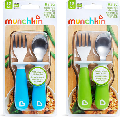 Munchkin® Raise™ Toddler Plastic Fork and Spoon Utensil Set, 4 Pack, Blue/Green