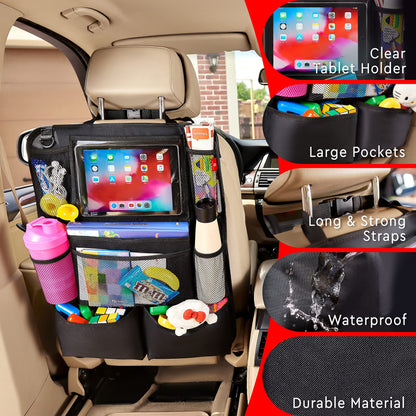 Helteko Backseat Car Organizer, Kick Mats Back Seat Protector with Touch Screen Tablet Holder, Back Seat Organizer for Kids, Travel Accessories with 9 Storage Pockets 2 Pack, Black