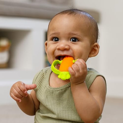 Infantino Lil' Nibbles Textured Silicone Baby Teether - Sensory Exploration and Teething Relief with Easy to Hold Handles, Orange Carrot, 0+ Months