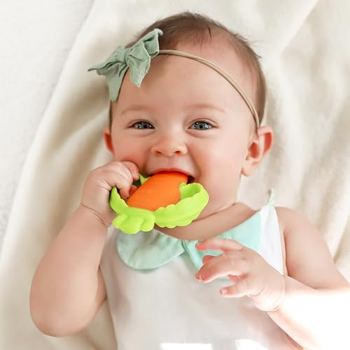 Infantino Lil' Nibbles Textured Silicone Baby Teether - Sensory Exploration and Teething Relief with Easy to Hold Handles, Orange Carrot, 0+ Months