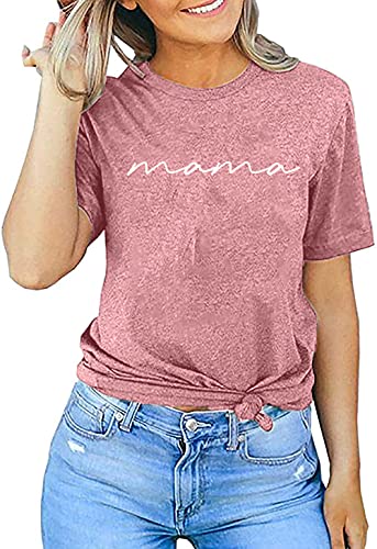 ASTANFY Mama Shirts Women Mama Letter Printed T-Shirt Mama Graphic Tee Casual Short Sleeve Tops Tee