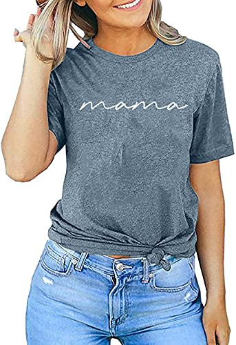 ASTANFY Mama Shirts Women Mama Letter Printed T-Shirt Mama Graphic Tee Casual Short Sleeve Tops Tee