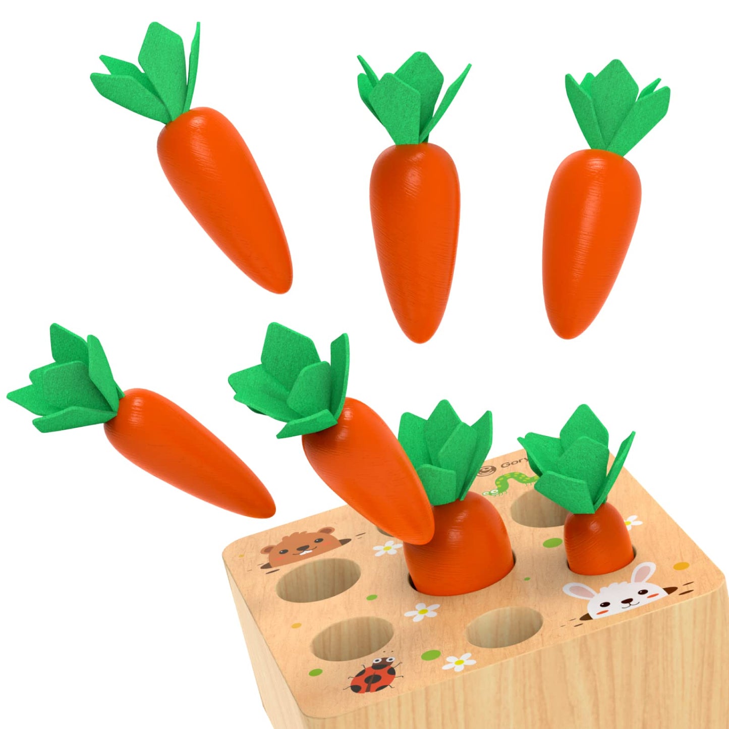 KMTJT Montessori Toys for 1 2 3 Year Old Toddlers, Macron Carrot Harvest Game Wooden Toys for Baby Boys and Girls, Educational Learning Shape Sorting Matching Gifts for Babies 1-3