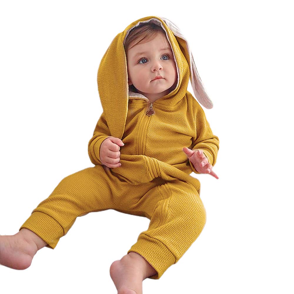 Simplee kids Animal Bunny Baby Easter Romper Long Ear Rabbit Hoodie Romper Jumpsuit with Zipper