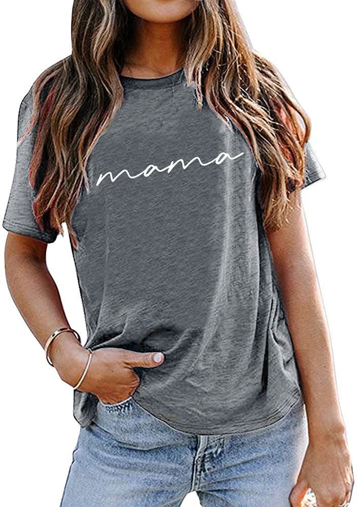 ASTANFY Mama Shirts Women Mama Letter Printed T-Shirt Mama Graphic Tee Casual Short Sleeve Tops Tee