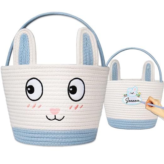 Easter Basket for Kids - Cute Pink Bunny Woven Bag for Girls, Personalized Large Easter Baskets, Durable Egg Hunt Storage for Boys Toddler & Baby, Includes Raffia & Neutral Pen & Name Velcro