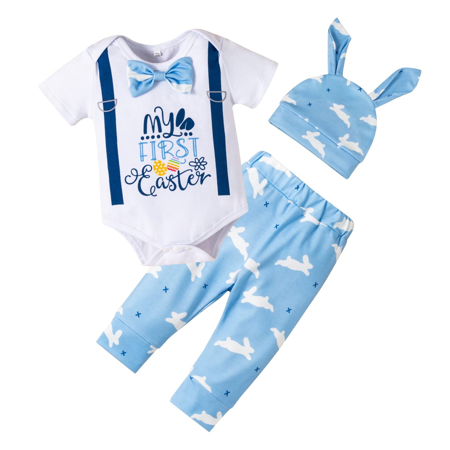 Fairy Baby Infant Baby Boy My First Easter Day Gentleman Outfits Newborn Bow Tie Romper Bunny Pant Clothes Set with Hat 0-18M