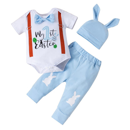 Fairy Baby Infant Baby Boy My First Easter Day Gentleman Outfits Newborn Bow Tie Romper Bunny Pant Clothes Set with Hat 0-18M