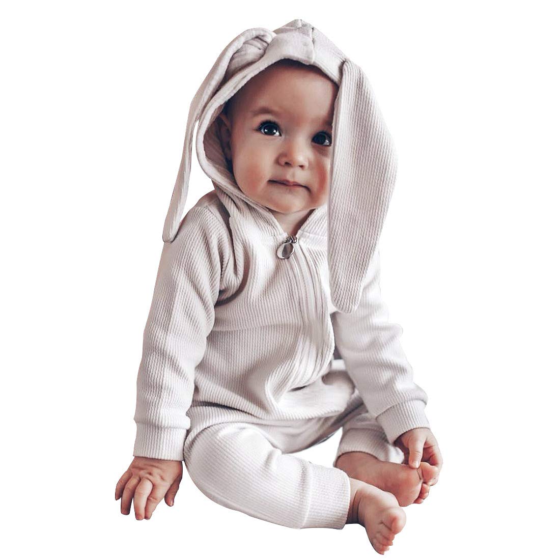 Simplee kids Animal Bunny Baby Easter Romper Long Ear Rabbit Hoodie Romper Jumpsuit with Zipper